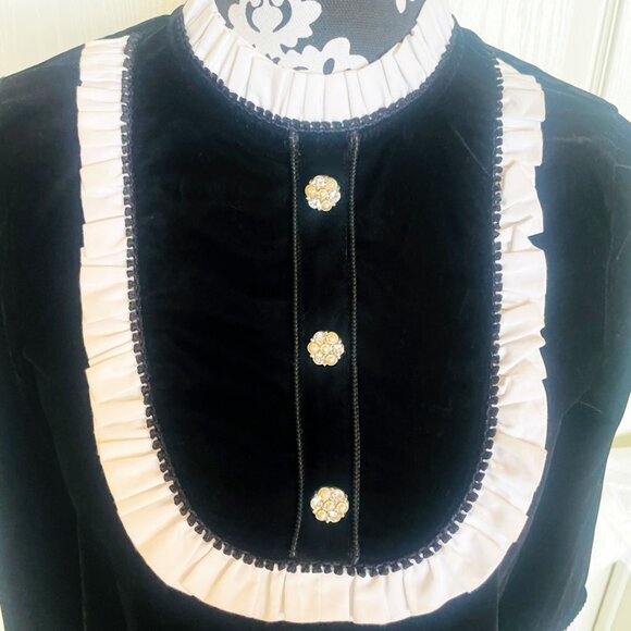 Zara Woman Black Velvet White Bib Ruffle with Jewel Buttons Cocktail Dress - Picture 2 of 10